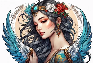girl angel with wings and halo facing the right whispering tattoo idea
