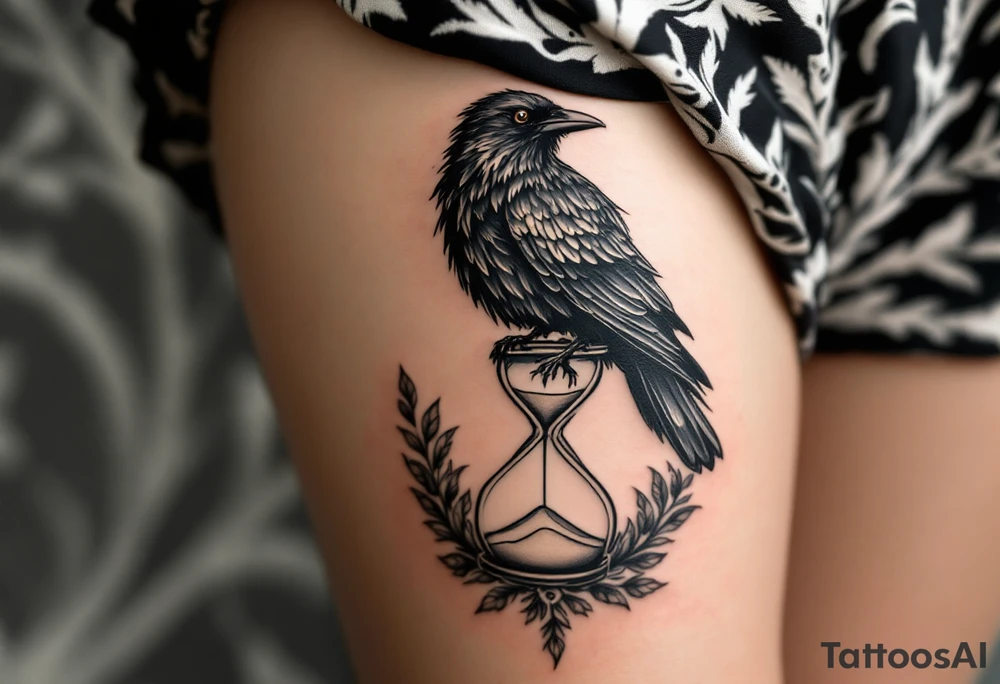 Crow and Hourglass – A crow perched on a tipped hourglass, with sand falling into feathers. Monochrome with accents of dusty gold and shadowy browns. tattoo idea