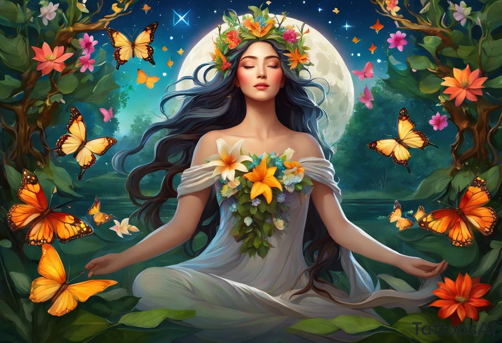 Beautiful woman made of tree, branches, and leaves surrounded by flowers. She is wearing a crown made of butterflies and has a pond and lilies near her feet with colorful vegetation. She is holding her arms upright and has her hands cupped above her head. Above her hands she has the moon, stars, and sun. The moon, stars, and sun have a flower accent. tattoo idea
