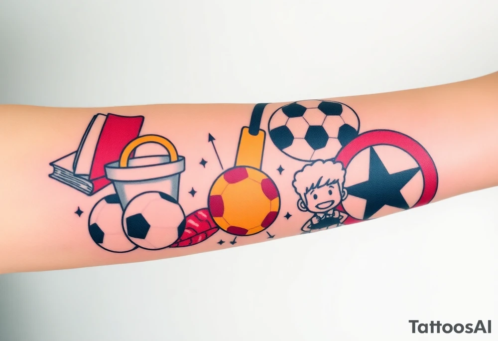 Childhood memories of a book, a bucket and spade, a football, a cricket bat, a cartoon of Dennis the Menace from the Beano comic, and the American Idiot symbol tattoo idea