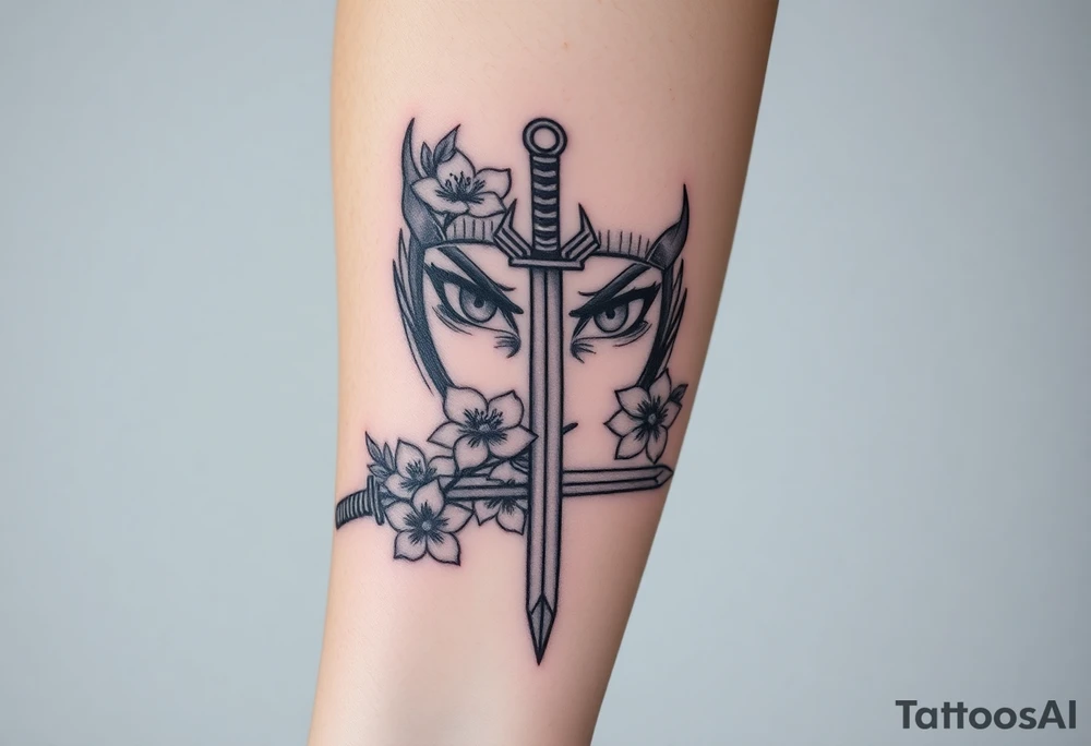 Samurai women eyes with sword cherry blossoms tattoo idea