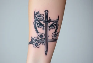 Samurai women eyes with sword cherry blossoms tattoo idea