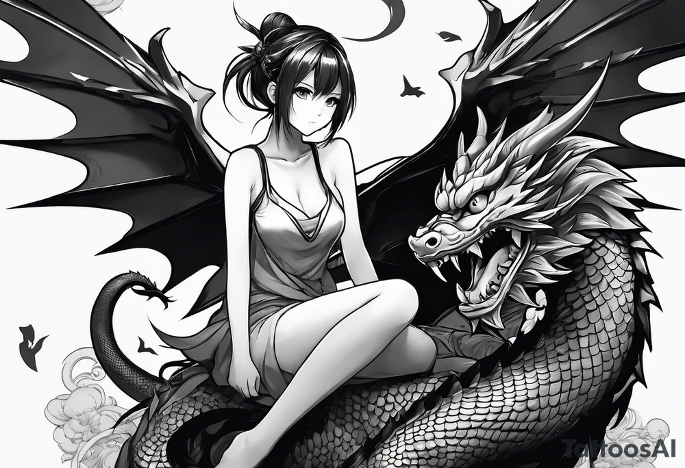 a full shot of an anime girl seen from far, sitting on a ball and surrounded by asian dragon with wings tattoo idea