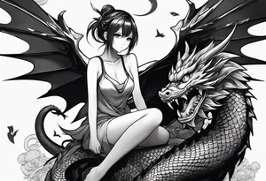 a full shot of an anime girl seen from far, sitting on a ball and surrounded by asian dragon with wings tattoo idea