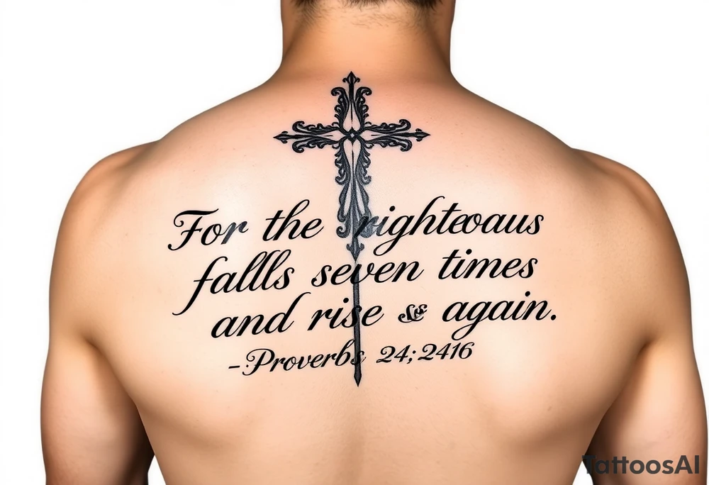 Upper forearm vertical tattoo layout. A large, ornate Christian wood-grain cross serves as the center anchor. Flows into elegant Chicano-style cursive calligraphy that completely fills the upper forearm space. The text spells out the full verse: "For the righteous falls seven times and rises again. Proverbs 24:16". Deep black ink, sharp fine-line details, drop shadows under the letters for depth. Solid white backdrop, absolutely no clouds or smoke backgrounds. tattoo idea