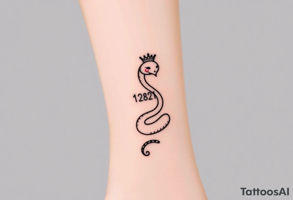 I want a small simple silhouette lines black and white wrist princess like girl snake tattoo that has number 12821 on its body along and also I want it to represent feminine energy crown queen Cycle tattoo idea