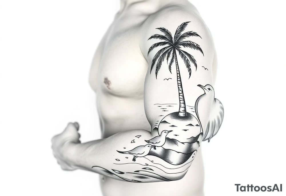 fine line, peaceful, serene, timeless, ocean, sand, palm tree, seagulls, sun tattoo idea
