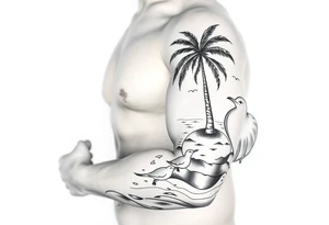 fine line, peaceful, serene, timeless, ocean, sand, palm tree, seagulls, sun tattoo idea