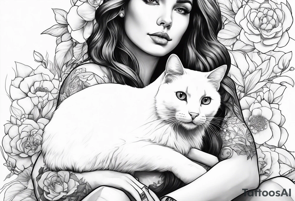 white cat sitting on beautiful woman laps tattoo idea