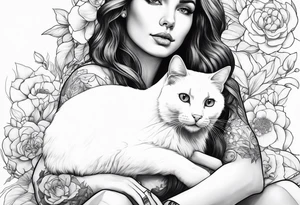 white cat sitting on beautiful woman laps tattoo idea