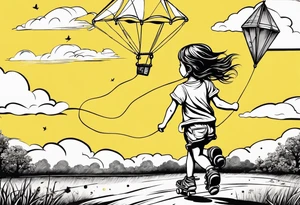 a little girl running with a kite, holding a teddy bear in yellow overalls and roller skates. with "Go Fly A Kite" spelled out in clouds tattoo idea