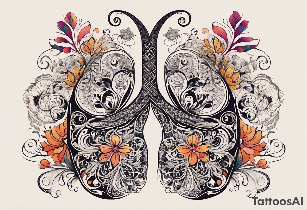 intricate and artistic arrangement of flowers and ornamental patterns that come together to form the shape of human lungs. The design should have a balance of delicacy and detail, with vibrant floral elements seamlessly intertwining to mimic the structure of the lungs, including the bronchi branching into floral motifs. Incorporate subtle shading and depth to give the tattoo a dynamic and organic feel, while maintaining elegance and symmetry tattoo idea
