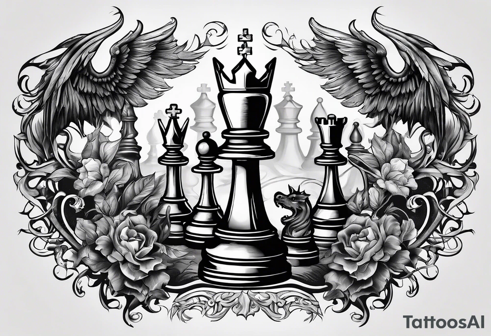 Design featuring a chessboard with angelic and demonic chess pieces engaged in a strategic game, symbolizing the eternal battle between good and evil tattoo idea