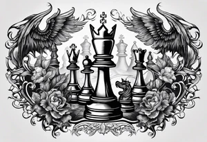 Design featuring a chessboard with angelic and demonic chess pieces engaged in a strategic game, symbolizing the eternal battle between good and evil tattoo idea
