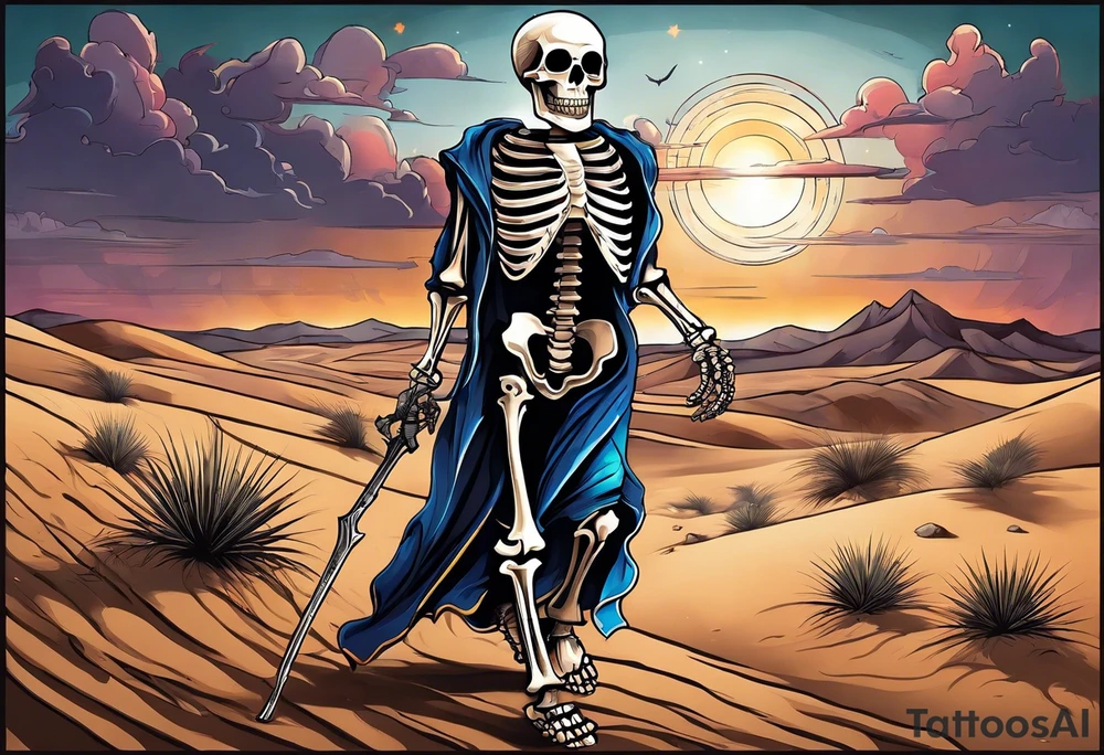 skeleton walking with a cross in a desert tattoo idea