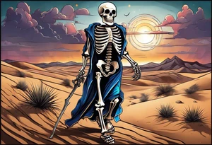 skeleton walking with a cross in a desert tattoo idea
