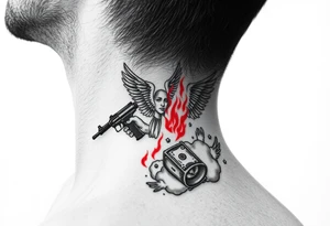 deepfull description of details with clouds,fire guns, money,angels and red for the side of neck tattoo idea