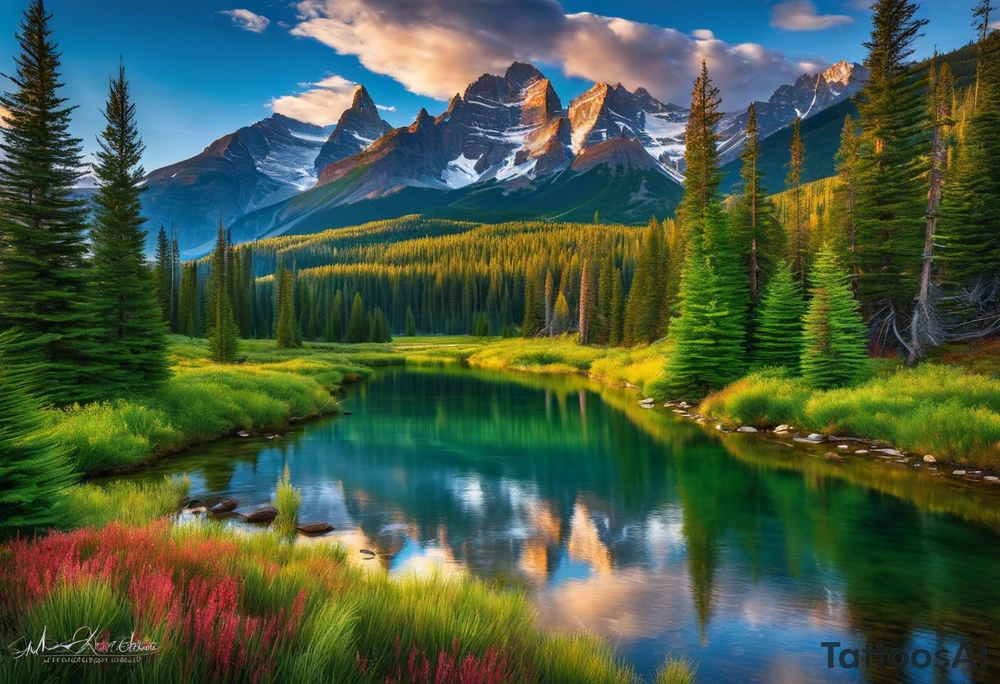 Imagine the majestic Rocky Mountains rising up in the background, their snow-capped peaks reaching towards the sky. Below them, a lush forest of pine trees spreads out, their deep green needles contrasting against the rugged terrain. In the foreground, a winding river flows through the landscape, its clear waters reflecting the colors of the setting sun.

Above, the sky transitions from the warm hues of sunset to the deep blues and purples of nightfall, fading into darkness speckled with stars. Among the stars, you could have a constellation resembling the momentous night you met her, perhaps even adding her zodiac sign for a personal touch.

In elegant script, the words "I knew the moment I saw her" could be woven into the design, perhaps following the contours of the river or nestled within the branches of a tree.

The overall effect would be a breathtaking scene capturing the beauty of Colorado's nature, combined with the sentiment of that special moment when your paths first crossed. tattoo idea