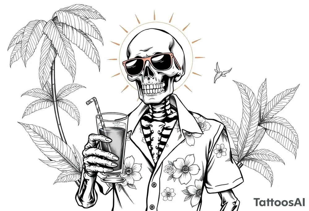 a skeleton in hawaiian shirt, palms, a cocktail,sun,sun-glasses,"Take it easy and relax"! tattoo idea