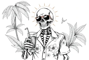a skeleton in hawaiian shirt, palms, a cocktail,sun,sun-glasses,"Take it easy and relax"! tattoo idea