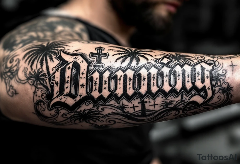 Dunning, Romanian theme with palm trees, cross,angels tattoo idea Dunning, Romanian theme with palm trees, cross,angels tattoo idea