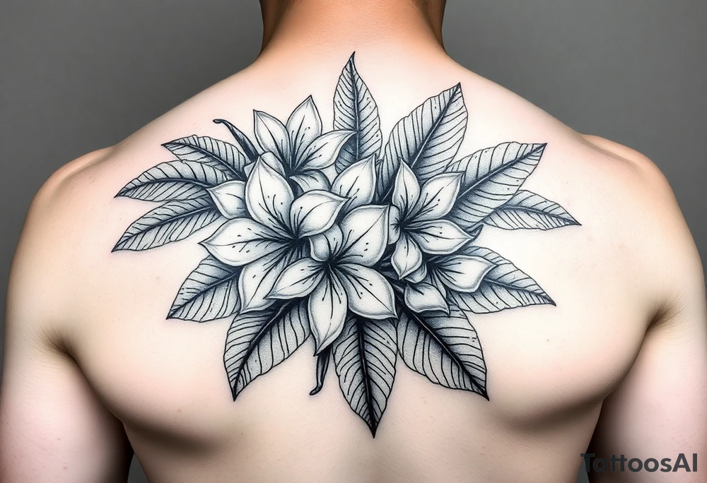 Beautiful, feminine, complex, detailed shading and cohesive mixture of the following: sampugita flowers, anahaw leaves (Livistona rotundifolia), ylang ylang, tropical foliage for a hand tattoo tattoo idea