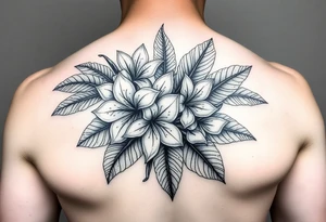 Beautiful, feminine, complex, detailed shading and cohesive mixture of the following: sampugita flowers, anahaw leaves (Livistona rotundifolia), ylang ylang, tropical foliage for a hand tattoo tattoo idea