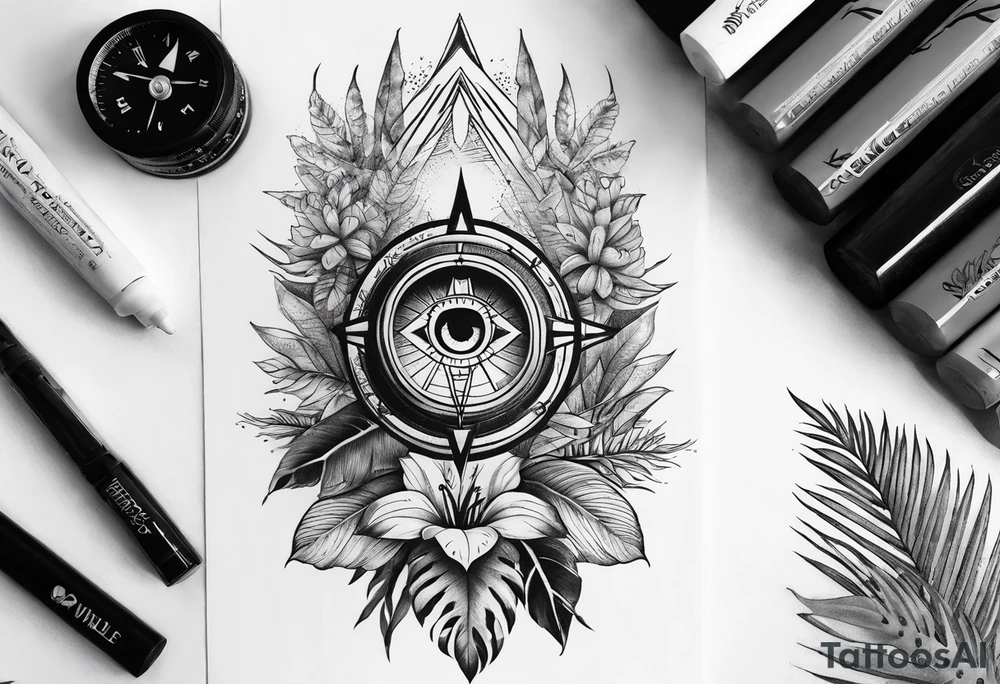 sleeve tattoo with jungle plants, compass, all-seeing eye tattoo idea