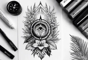 sleeve tattoo with jungle plants, compass, all-seeing eye tattoo idea