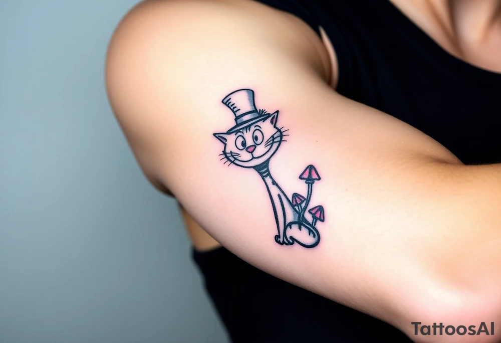 colourful Cheshire Cat from Alice in Wonderland, with a top hat on its head and mushrooms tattoo idea