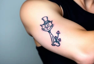 colourful Cheshire Cat from Alice in Wonderland, with a top hat on its head and mushrooms tattoo idea