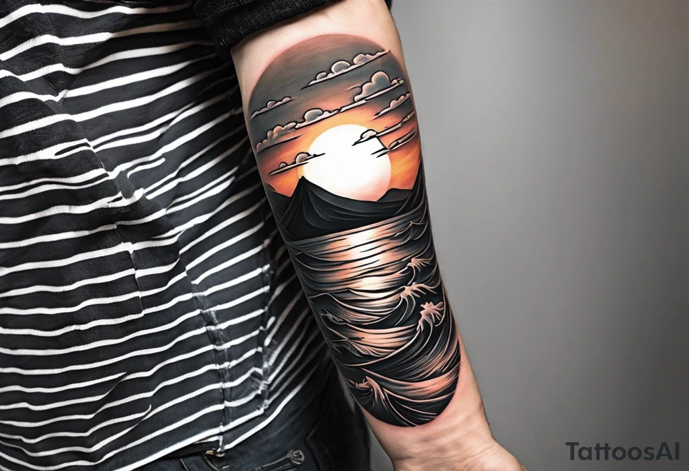Tattoo on forearm from the perspective of being on the ocean at sunset. Water is calm, with no waves, the sun is setting behind the ocean, reflecting light onto the ocean. tattoo idea