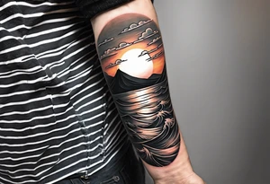 Tattoo on forearm from the perspective of being on the ocean at sunset. Water is calm, with no waves, the sun is setting behind the ocean, reflecting light onto the ocean. tattoo idea