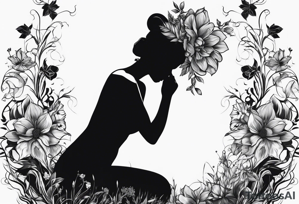 silhouette of a girl with a flower head, kneeling tattoo idea