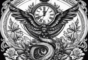 Caduceus with clock at 4:09 and remember to live in latin tattoo idea