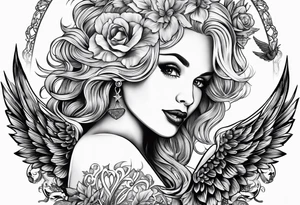 An angelic tattoo featuring Dolly Parton, an acorn, wings tattoo idea