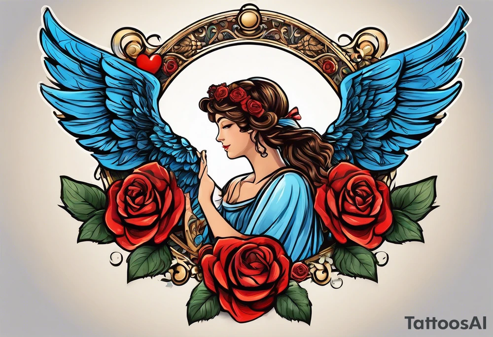 Cupio fly boy wings and a bow,, bacground sea ancient rome gods , blue roses frames, red heart bow tattoo idea