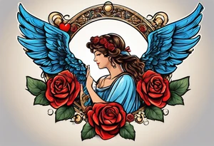 Cupio fly boy wings and a bow,, bacground sea ancient rome gods , blue roses frames, red heart bow tattoo idea