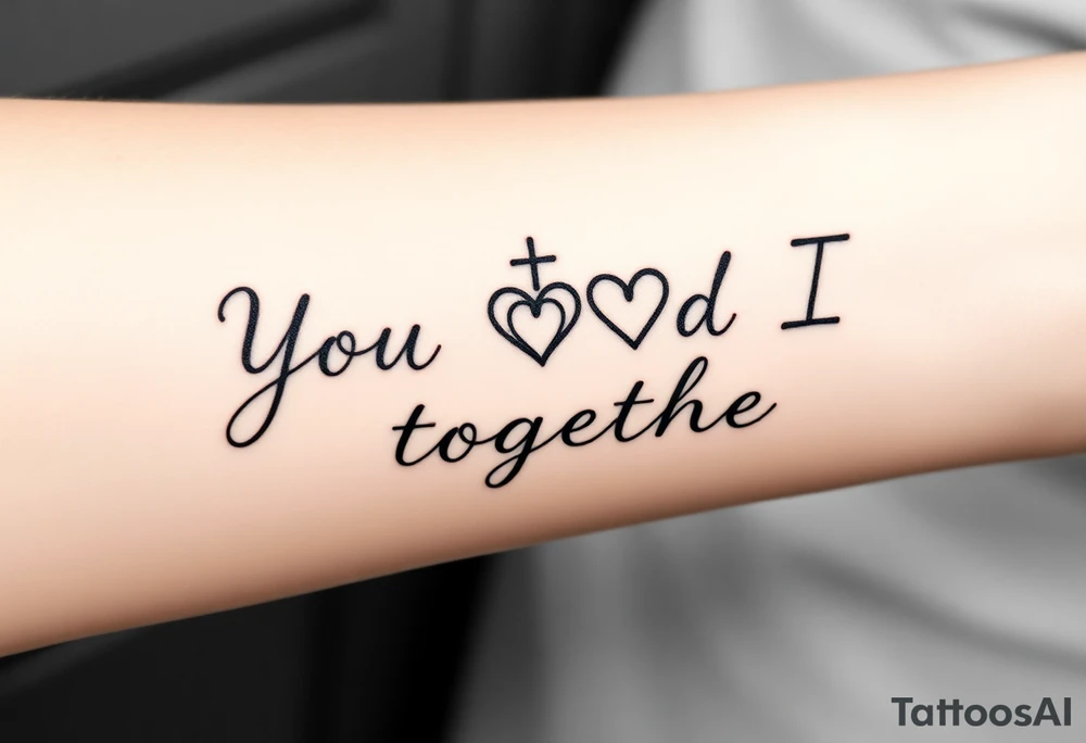 "You and I together" with a cross, a and a heart integrated into the design tattoo idea