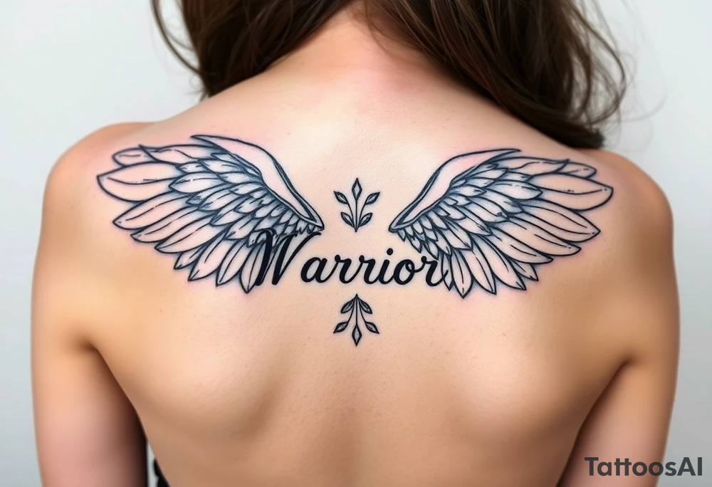 beautiful vibrant single angel wing with word "Warrior" tattoo idea