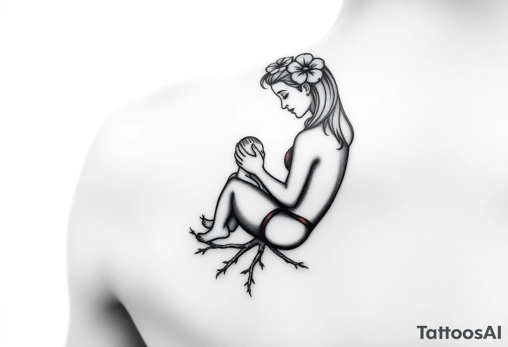 Mère assise qui allaite son bébé, la mère à une fleur de lys sur la tête et des racines d’arbre de vie à ses pieds elle est enveloppé dans un œuf tattoo idea