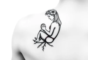 Mère assise qui allaite son bébé, la mère à une fleur de lys sur la tête et des racines d’arbre de vie à ses pieds elle est enveloppé dans un œuf tattoo idea