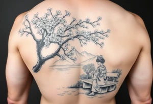 Large realistic cherry blossom tree in full bloom next to a river with mountains in the back ground and a geisha strolling next to a stone bench tattoo idea