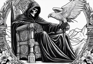 Grim reaper holing 2 desert eagles on a throne. tattoo idea