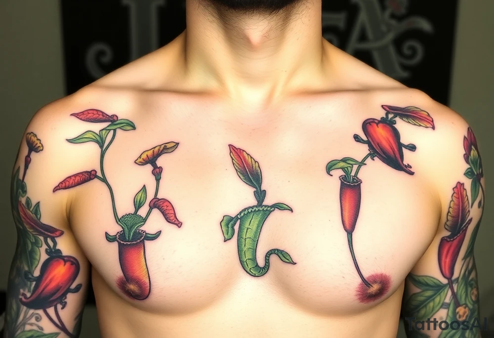 carnivorous plants neck, chest, back, and arm sleeves
I want these spots covered in these plants, ranging from venus fly traps to others
Make it masculine looking, I want it to look kinda like a plant guide book tattoo idea