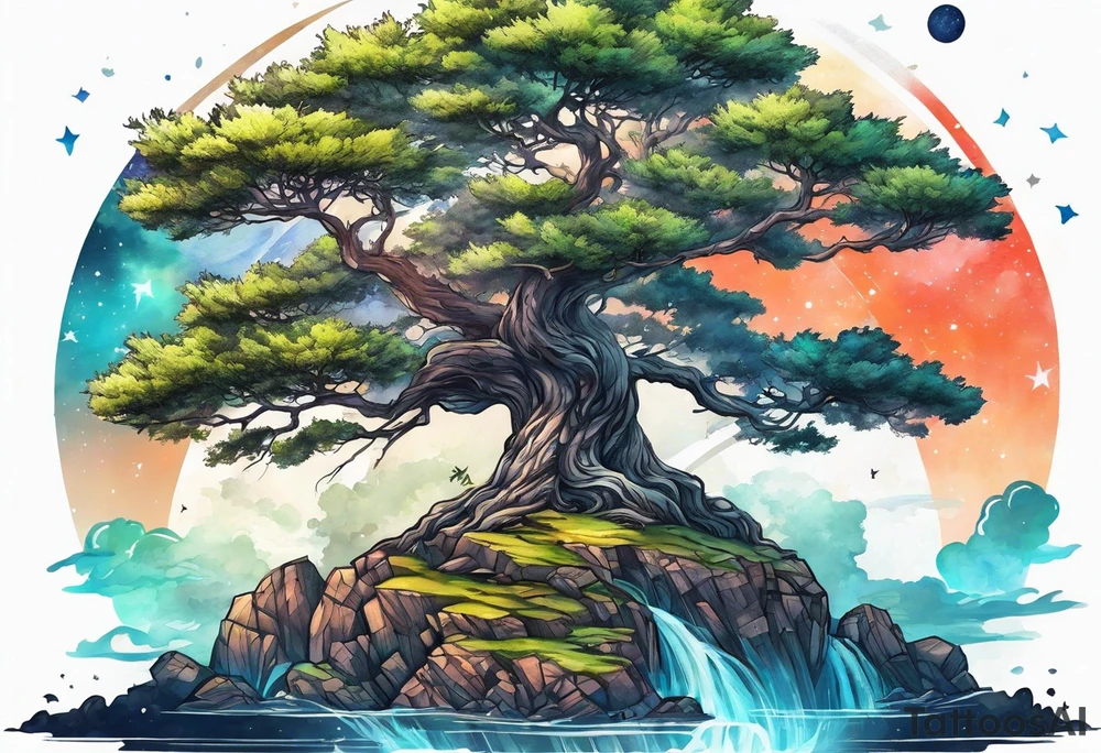 Tree with space fightera in the background tattoo idea