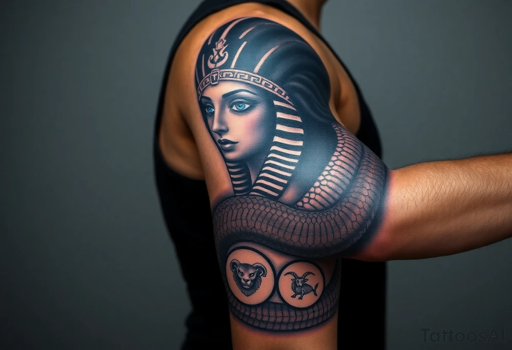 A DSLR photo of a full upper arm tattoo on a man's right arm, from neck to below the elbow. The tattoo shows the Egyptian goddess Renenutet with a serene and powerful female face, shaded with lifelike detail. Her eyes are vivid blue with white highlights. She wears a war crown (Mut or Isis style, with horns and a solar disk), and an ankh on the forehead. Her hair blends into a cobra hood that transitions into the serpent’s body wrapping around the entire arm. The cobra’s scales are deeply shaded black with white edge accents and subtle blue highlights on the back. The body coils protectively around the forearm, encircling three symbols: twin faces (Gemini), a lion’s head in relief (Leo), and a Capricorn with a horned goat and fish tail, each embedded in the snake’s body or stylized medallions. The tattoo glows slightly with white ink accents, giving it a vibrant, almost living presence. Photographed in soft studio lighting to highlight texture and shading, with visible skin grain and depth of ink. tattoo idea