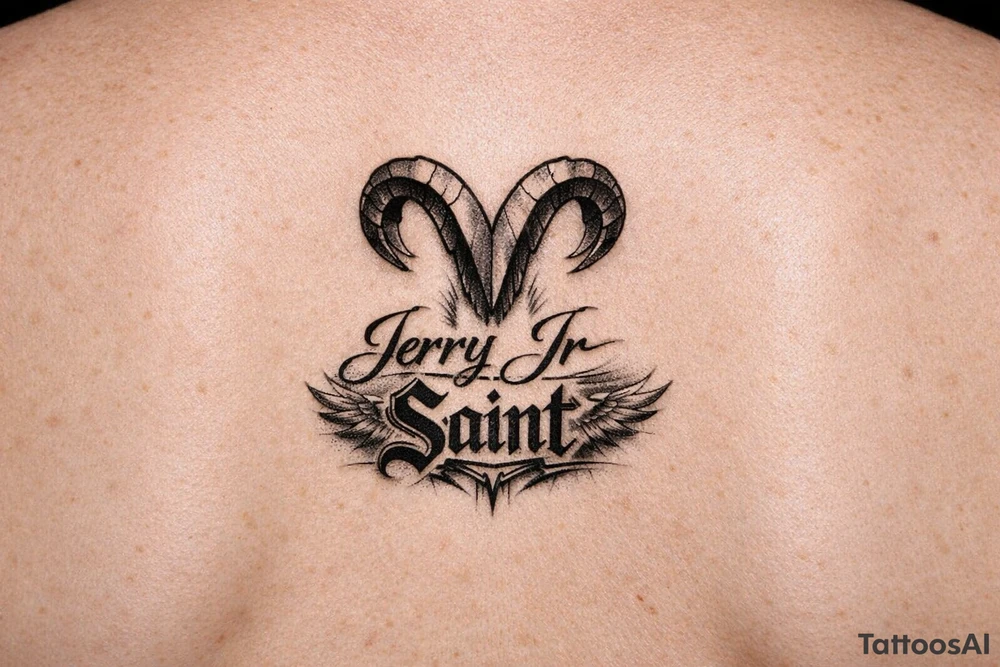 Aries symbol with Jerry Jr name and nickname Saint tattoo idea