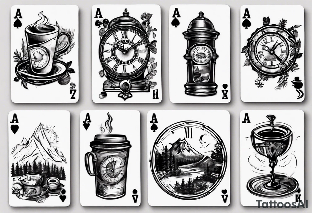 mokka coffee
Old clock at 9:44pm
Forest and mountain
Game of 4 poker cards tattoo idea