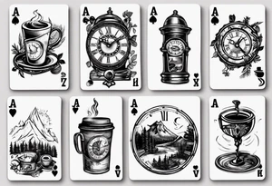 mokka coffee
Old clock at 9:44pm
Forest and mountain
Game of 4 poker cards tattoo idea